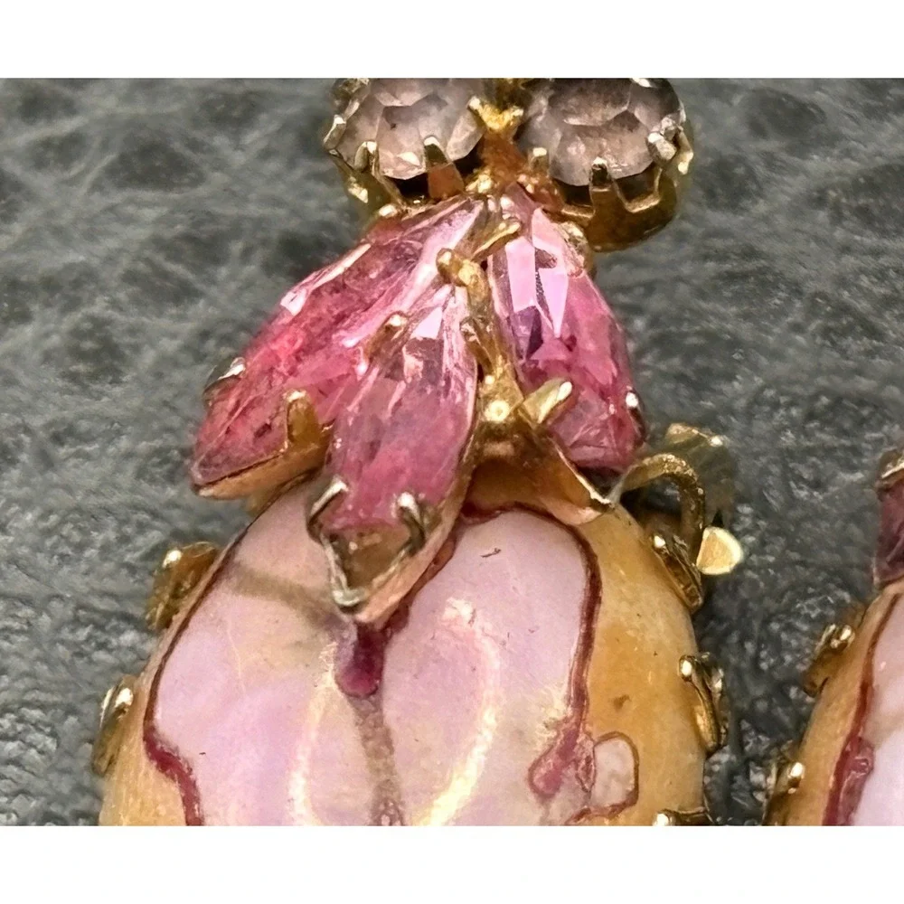 Vintage Dragon Egg Marble Pink Cabochon Crystal Rhinestone Clip Earrings READ